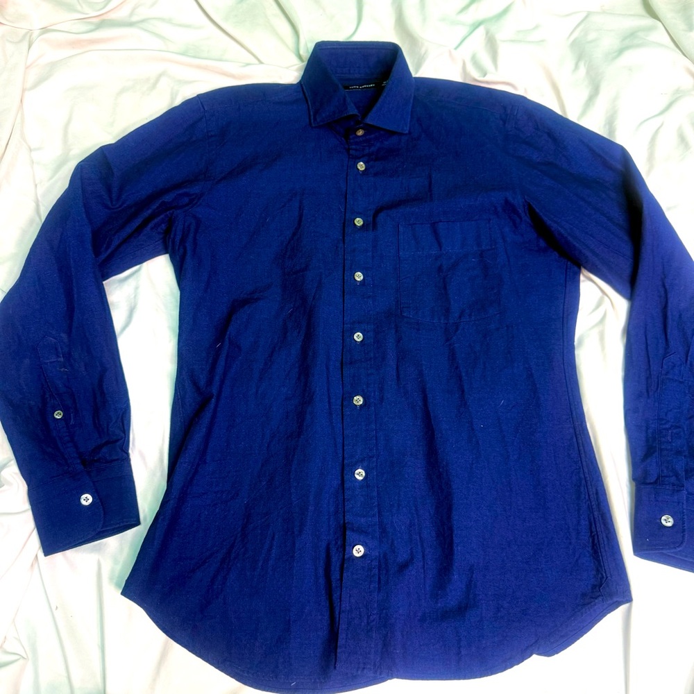 Thom Sweeney Luxury Navy Blue Button-Up Shirt 100% Cotton Men’s 16.5